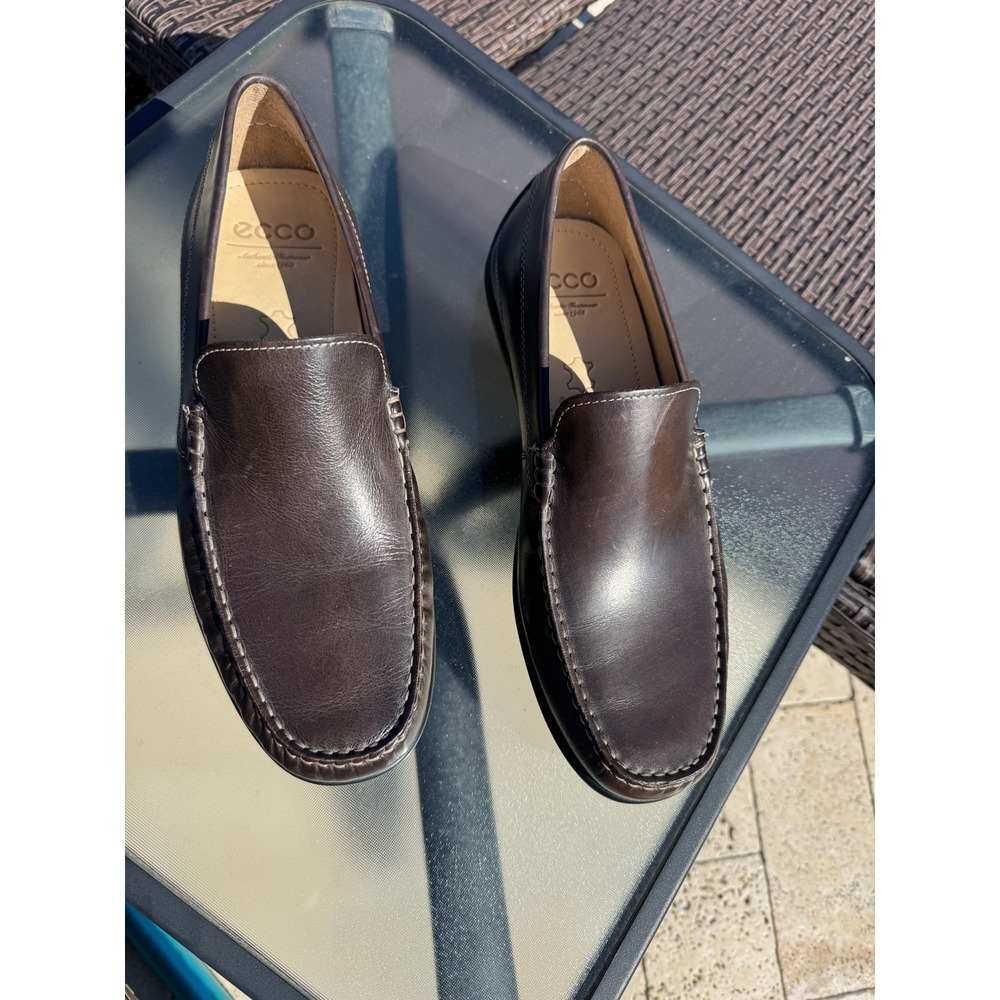 NWOB ECCO Mens Dark Brown‎ Leather Extra Width Slip On Loafer Shoes Size 43
